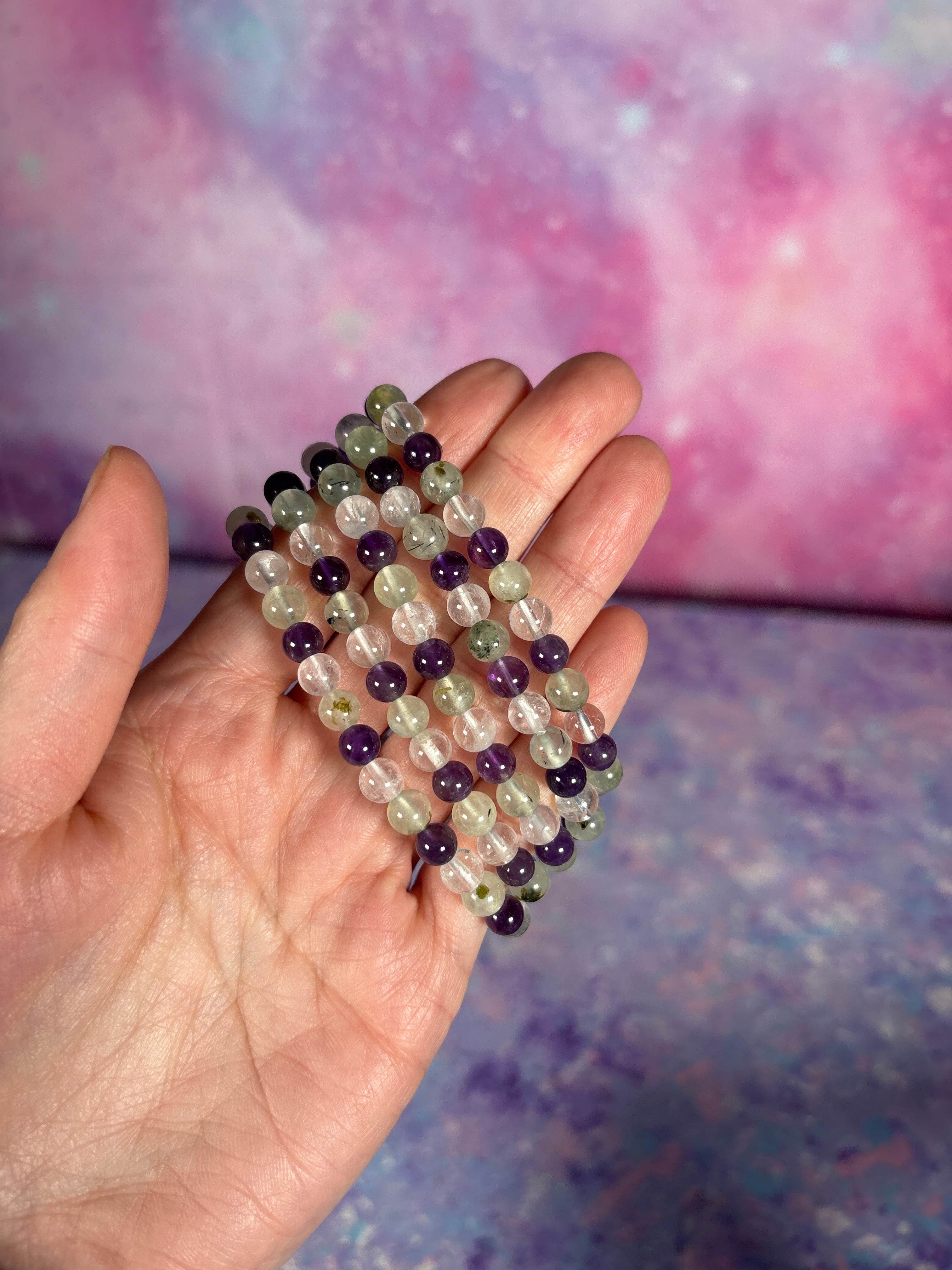 AMETHYST, PREHNITE, CLEAR QUARTZ BRACELET