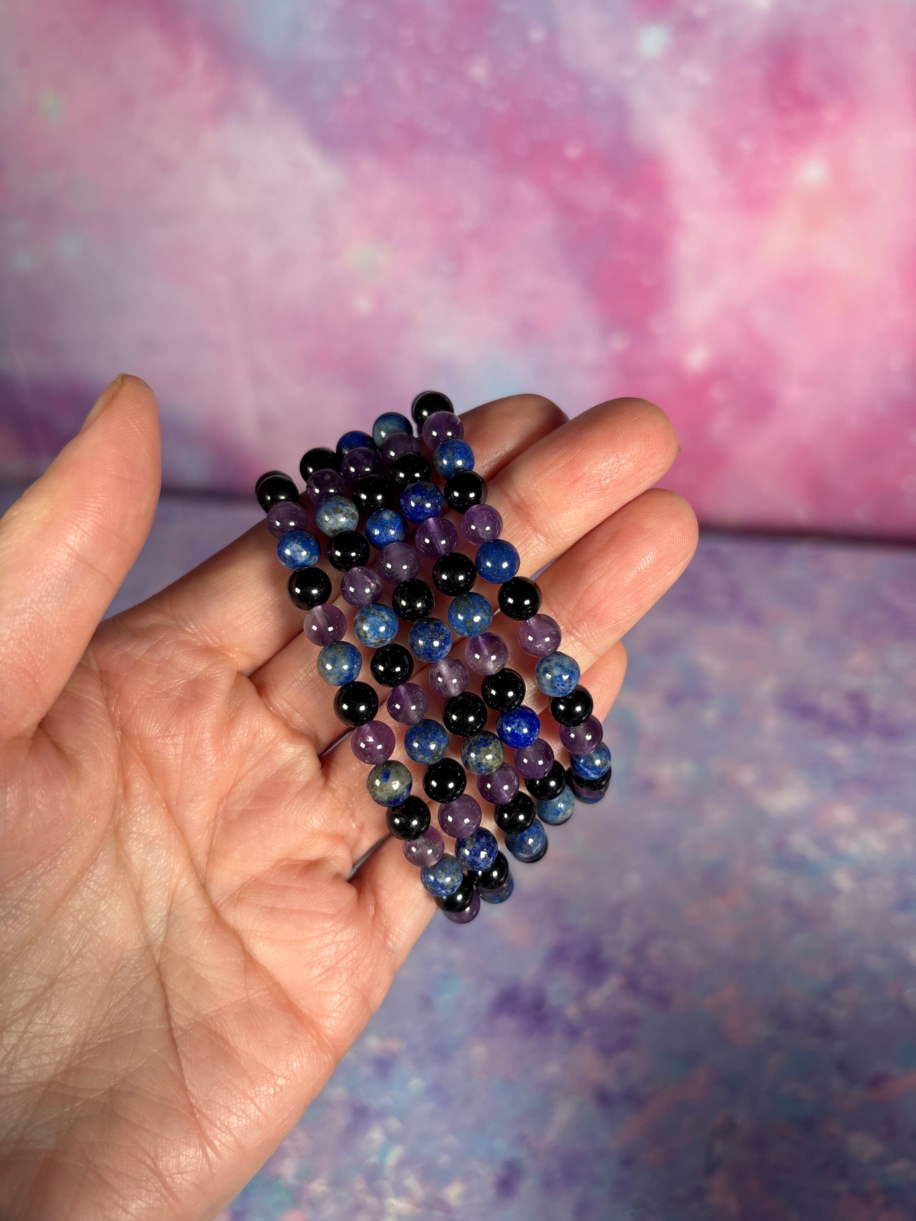 AMETHYST, LAPIS LAZULI, BLACK TOURMALINE BRACELET